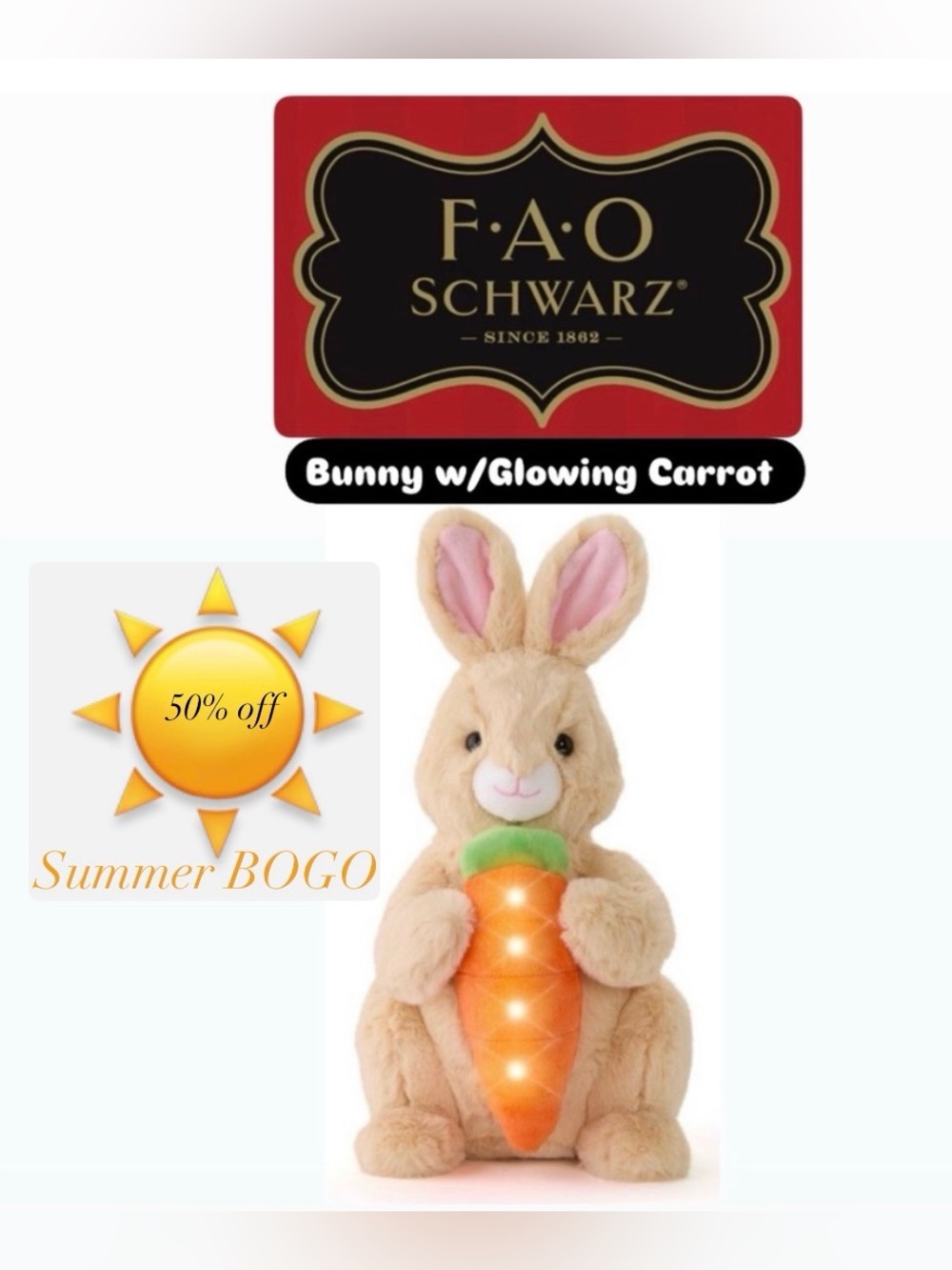 ☀️🐰New!!🥕FAO Schwarz 12” Glow Brights Bunny with Carrot Plush